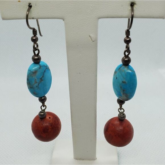 Sterling Silver Turquoise & Coral Dangling Earring - Picture 1 of 5
